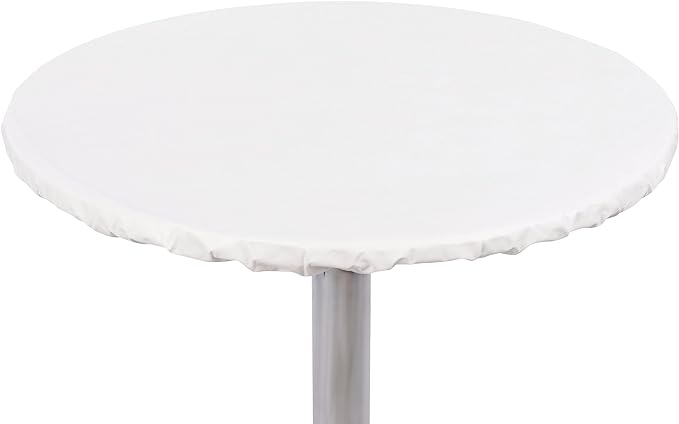 Yourtablecloth Heavy Duty Vinyl Round Fitted Tablecloth (Table Cover) with Flannel Backing Vibrant Colors Elasticized Tablecloth Great for Indoor and Outdoor Dining and Playing Cards 42” White