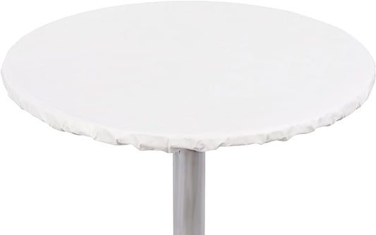 Yourtablecloth Heavy Duty Vinyl Round Fitted Tablecloth (Table Cover) with Flannel Backing Vibrant Colors Elasticized Tablecloth Great for Indoor and Outdoor Dining and Playing Cards 42” White
