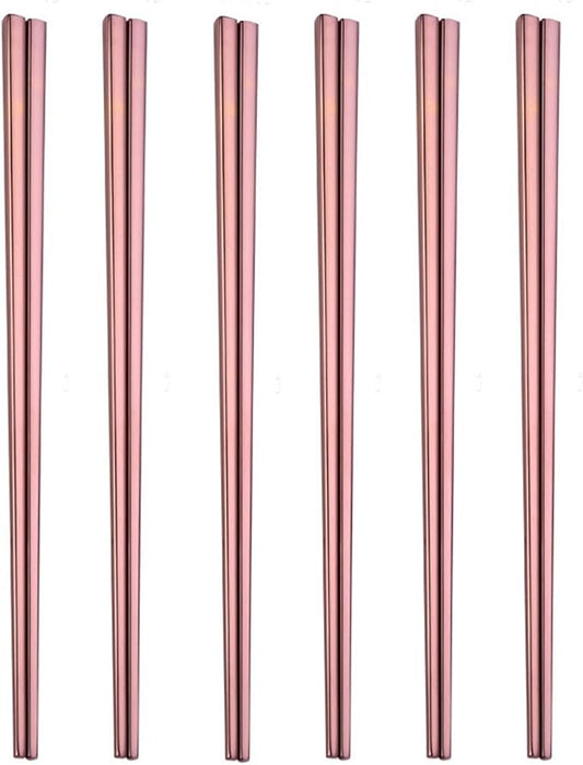 Stainless Steel Chopsticks,Reusable ,Dishwasher Safe , Easy to Use（6 PCS,Rose gold）