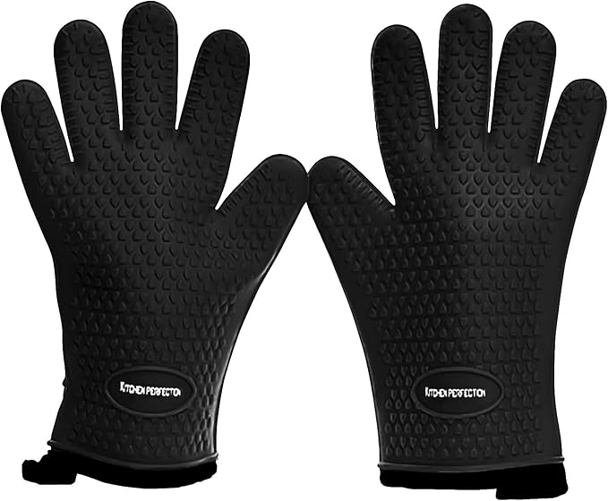 KITCHEN PERFECTION Silicone Smoker BBQ Gloves - Heat Resistant Oven Mitts | Waterproof, 5-Finger Design For A Better Grip, for Pitmasters, Meat Smoking, Grilling, Cooking, Frying Turkey | Grill Gift