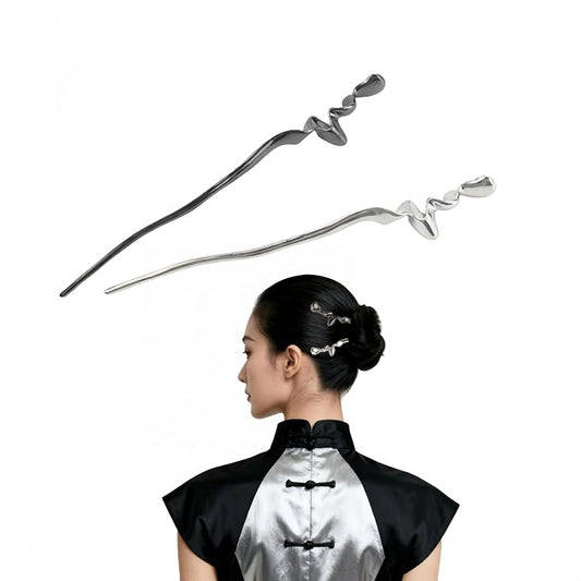 2Pcs Fancy Irregular Wave Metal Hairpin for Women，Modern Chinese Chopsticks For Long Thick Hair Buns Updos，Silver&Gray Headpieces Hanfu Accessory for Styling Daily Cheongsam Costume Gift