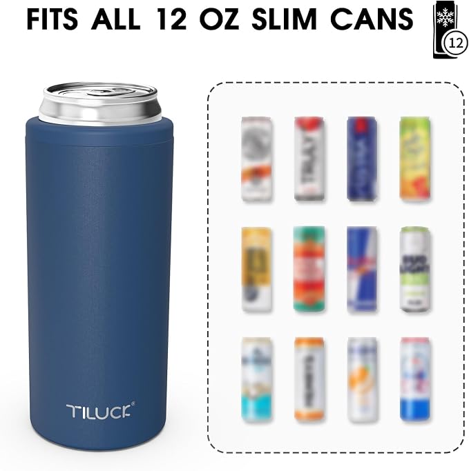 TILUCK Skinny Can Cooler, Stainless Steel Insulated Slim Cans, 12 oz | Beer & Hard Seltzer, Doucle-Walled Stainless Steel Insulated Slim Cans, Slim 12 oz(Frosted Navy)