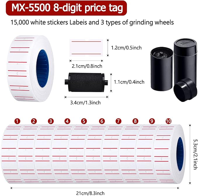 MX-5500 8 Digits Price tag Gun with 5000 Sticker Labels and 3 Ink Refill, Label Maker Pricing Gun Kit Numerical Tag Gun for Office, Retail Shop, Grocery Store (30 Rolls + 3 Refill Ink)