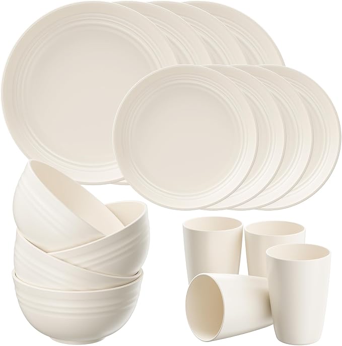 Quatish 16 Piece Plates and Bowls Sets for 4, Unbreakable Dinnerware Sets, Plastic Dish Set for Camping, Dishwasher Microwave Safe, Outdoor Kitchen and Apartment Dorm Dinning RV Essentials, Beige