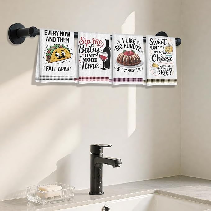 4PCS Funny Kitchen Towel, Cute Decorative Dish Towels Sets | Absorbent Waffle Hand Towels, Housewarming Gifts for New Home, Women, Mom, Funny House Warming Presents, Hostess Gifts