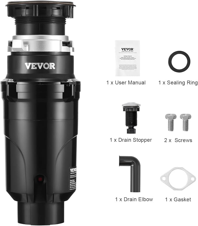 VEVOR JW-301 Garbage 1/2HP 3450RPM DC Motor, Continuous Feed Sink Disposer, EZ Connect Food Waste Grinding System with Power Cord and Splash Guard, for Kitchen, Black