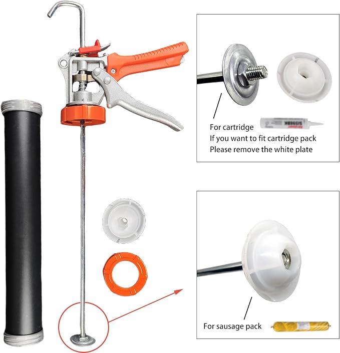Sausage Tube Caulk Gun,20 oz Sausage Pack/10 oz Cartridge Adhesive Dual-Purpose,18:1 Thrust,15” Aluminum Sealant Hand Caulking Gun With 6 Cone Nozzles and Bent Tip (Black)