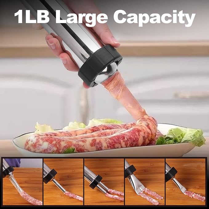 lyrlody Jerky Gun Kits, Sausage Stuffer, Beef Jerky Gun, Sausage Maker Machine, 1LB Stainless Steel Jerky Gun for Ground Meat with 5 Nozzles