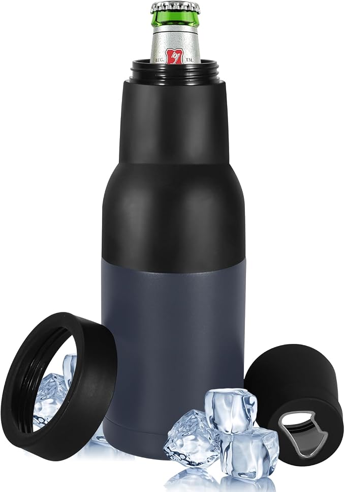 12oz Vacuum Insulated Can Holder with Double Walled Stainless Steel | Beer Soda Can Cooler with Beer Opener, 3 in 1 Beer Bottle Insulators Holder Ice Cold for Hours Beer Lovers - Navy Blue