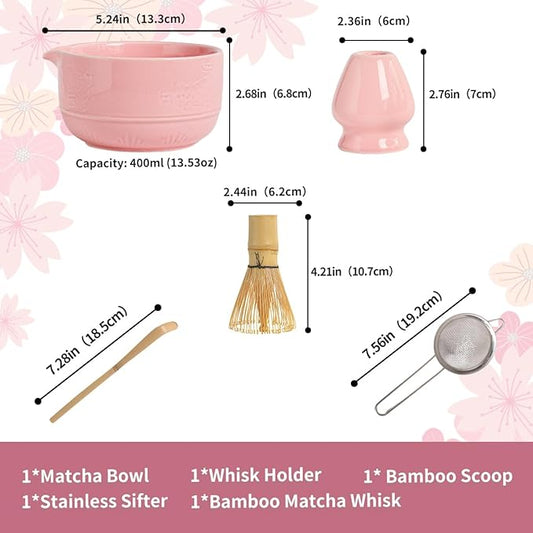 Matcha Tea Set, 5-Piece Ceramic Matcha Bowl & Whisk Kit with Cute Cat Pattern, Traditional Japanese Chawan, Scoop & Sifter, Perfect for Tea Ceremony, Gift for & Tea Lovers (pink)