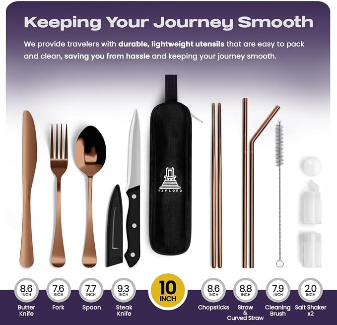 Taplord Portable Travel Silverware Set With Case, Includes 10 Pcs of Travel Utensils With Case, Stainless Steel Flatware Set For Camping, Lightweight (Rose Gold)