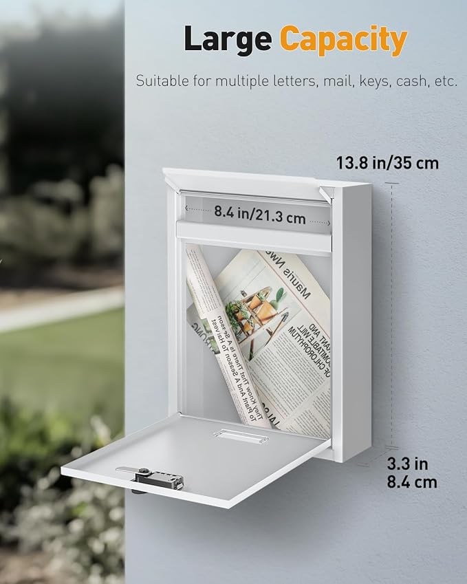 Uniclife Wall Mount Mailbox for Outside, Large Locking Mailbox, White | Security Mail Box with Combination Lock, Safe Key Drop Box, Post Box, Steel Cash Drop Box for Home Office School