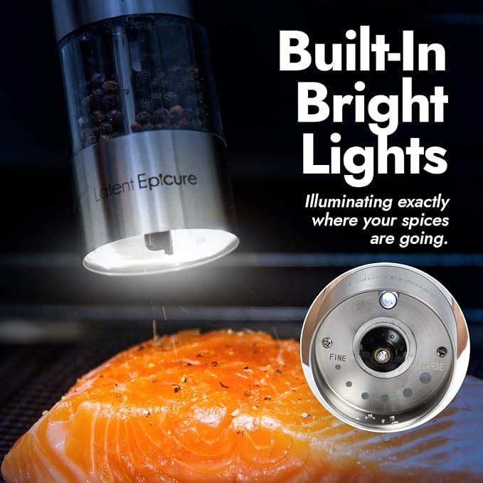 Latent Epicure Electric Salt and Pepper Grinder (SINGLE) - Rechargeable USB-C - Stainless Steel Salt, Pepper or Spice Mill with LED Light - One Handed Operation - Adjustable Ceramic Grinders