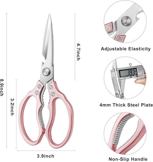 Kitchen Scissors, Heavy Duty Sharp Shears Dishwasher Safe, Rose Gold Cooking Accessories for Meat, Chicken, Fish, Poultry, Herb, Bread