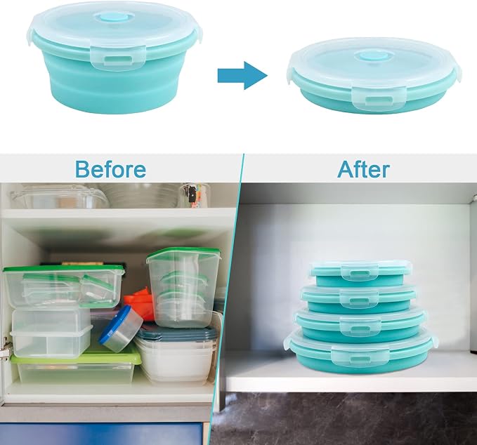 Guyuyii Collapsible Bowls with Lids 4 PC Food-Grade Silicone BPA-Free | Round Nesting Set for Camping, RV Travel, Kitchen Storage | Easy Cleaning, Compatible with Freezer, Microwaves, Dishwashers