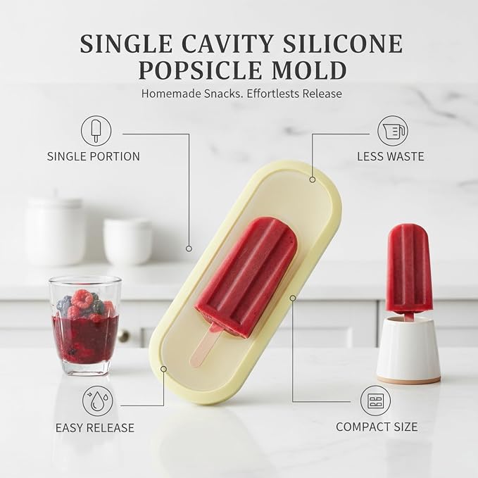 Fits Standard Freezer Drawers: Single Cavity Silicone Ice Pop Mold for Homemade Popsicles, Flexible Yellow or Pink Tray, 7.09 x 3.15 x 1.18 Inches