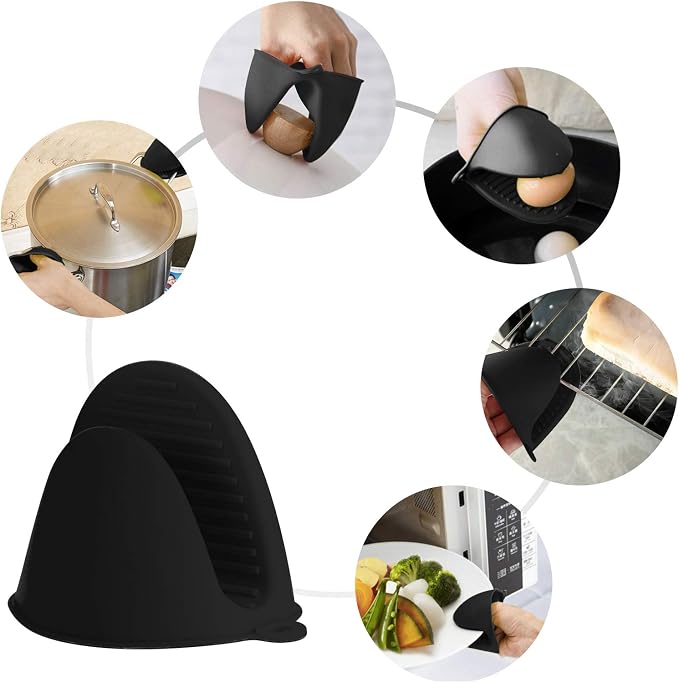 Vaincre 4PCS Silicone Oven Mitts Heat Resistant, Silicone Potholders for Kitchen, Mini Rubber Oven Glove Kitchen Mittens, Cute Cooking Mitts (Black and Black) | Food Grade Silicone, Non-Slip Grip, Waterproof, Mini Size, Flexible, Dishwasher Safe, For C...