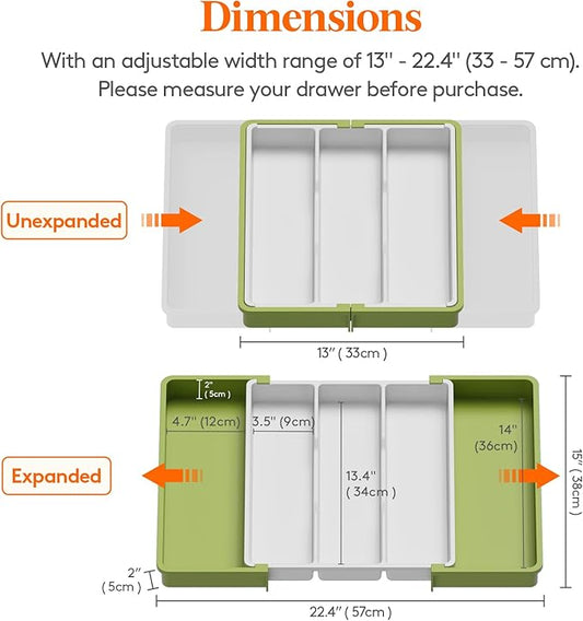 Lifewit Utensil Organizer for Kitchen Drawers, Expandable Cooking Utensil Tray, Adjustable Cutlery Silverware Flatware Holder, Spatula Tools and Gadgets Storage Divider, 13"-22.4" x 15", Green&White