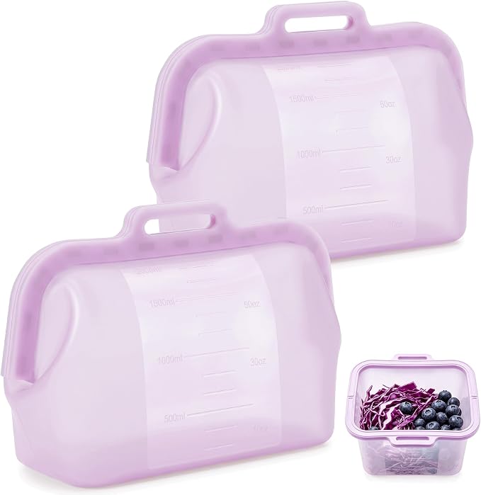68oz Reusable Silicone Food Storage Bags with Magnetic Seal, Stand Up Freezer Bags for Meal Prep, Snacks, Sandwiches & Leftovers, Dishwasher Safe Reusable Food Storage Bag (Purple)