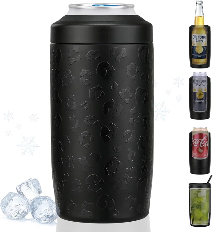Itslife 4-in-1 Slim Can Cooler Easy to Hold Insulated Beer Can Holder Double-walled Stainless Steel for All 12 Oz Cans Gift Fathers Day Gifts for Dad (Black Leopard)