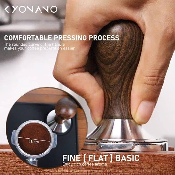 KYONANO Espresso Tamper 51mm - Tamper with Chacate Preto Wood Handle - Coffee Tamper plus Milk Frothing Pitcher 350ml & Silicone Tamper Mat - Tamper fits 51mm Delonghi Portafilter
