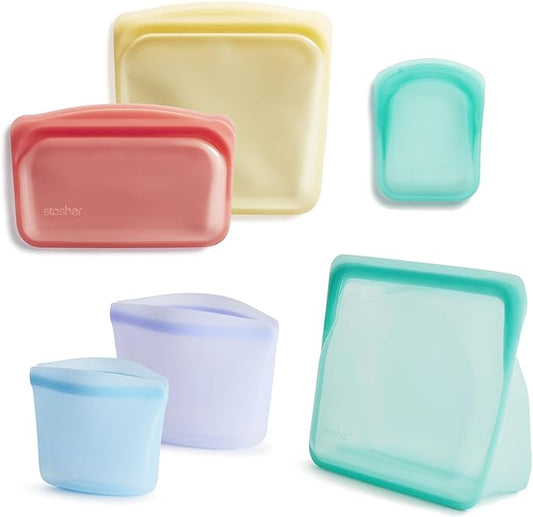 Stasher Premium Reusable Silicone Food Storage Bags, 6-Pack, Multicolor | Food-Safe Silicone, BPA-Free, Leak-Free, Eco-Friendly, Dishwasher, Lunch Bag, Travel Containers, Meal Prep, Lunch, Travel