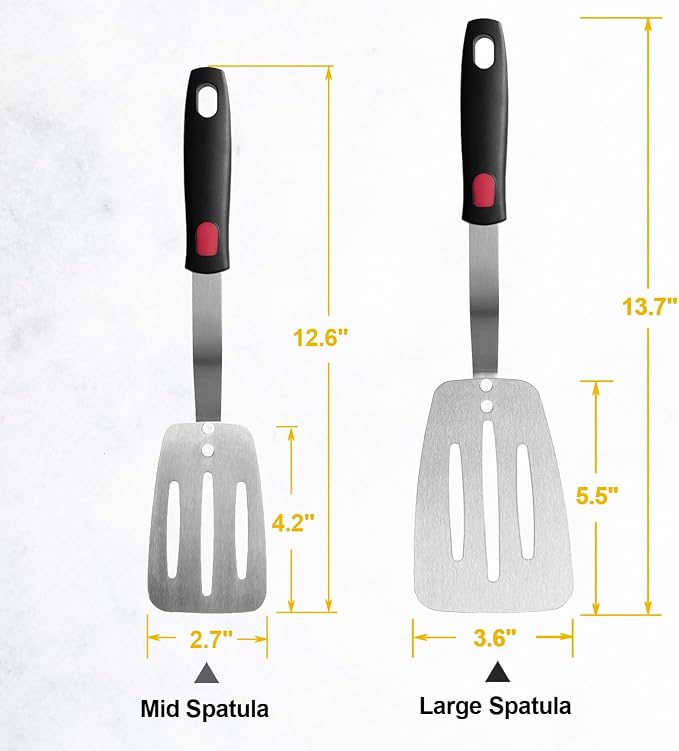 Stainless Steel Flexible Spatula, Thin Metal Turners, 2Pack(S+XL) Slotted | Kitchen Spatula Truner for Cast Iron Skillet,Thin Blade & Heat Resistant Silicone Handle, Great for Egg, Cookie, Meat, Crep