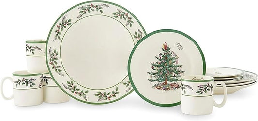 Spode Christmas Tree 12-Piece Dinnerware Set (Service for 4) - Festive Holiday Tableware with Plates & Mugs - Fine Earthenware Christmas Dinnerware - Microwave & Dishwasher Safe