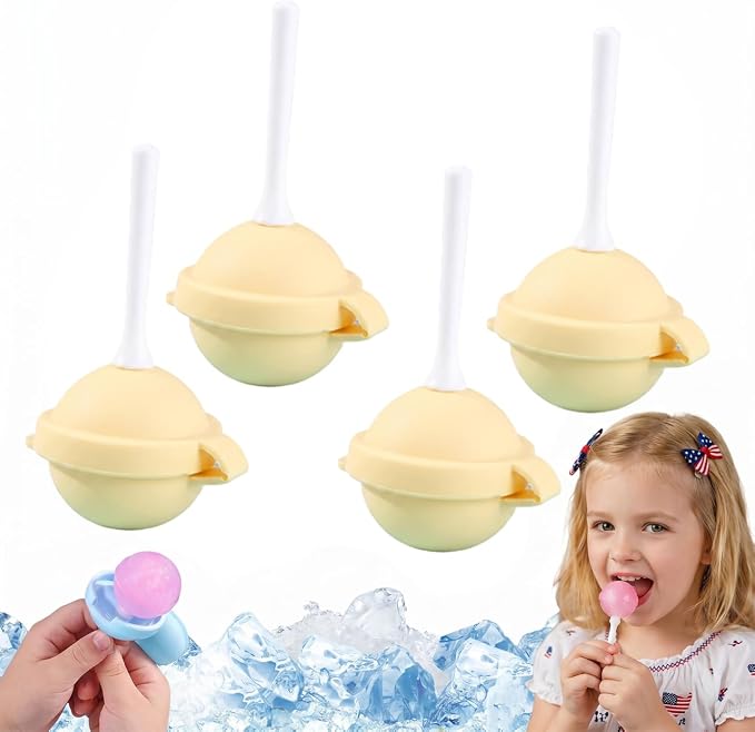 4PCS Reusable Silicone Lollipop Ice Cream Mold, Homemade Popsicle Molds, DIY Creative Ice Pops for Summer, Silicone Popsicle Maker for Juice, Yogurt & Frozen Treats, Fun Dessert Mold (Yellow)