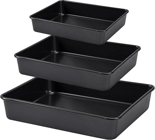 Nonstick Roasting Pan, Deep Baking Pan Set, Large Cake Pan Sets for Oven, 3-Piece Brownie Pan （Black）