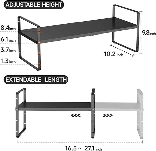 16.5-27’’L Expandable Kitchen Shelf Organizer, Stackable Shelves Organizer, Adjustable Height Pantry Spice Rack for Cabinet, Countertop, Pantry and Cupboard, Black