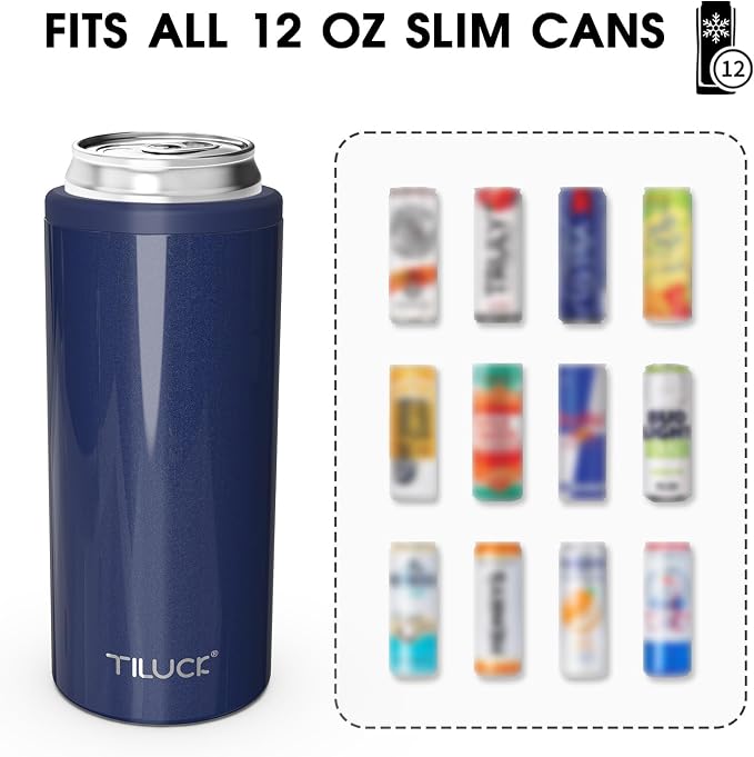 TILUCK Skinny Can Cooler, Stainless Steel Insulated Slim Cans, 12 oz | Beer & Hard Seltzer, Doucle-Walled Stainless Steel Insulated Slim Cans, Slim 12 oz(Glitter Navy)