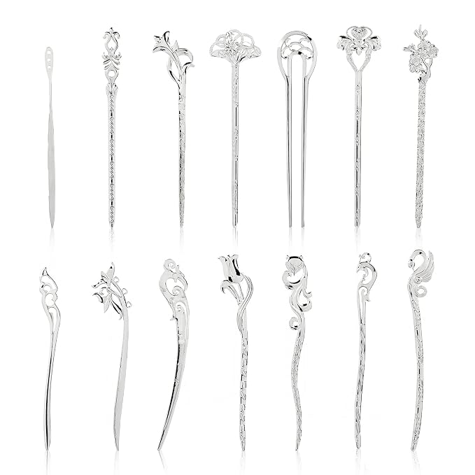 Lawie 14 Pack Vintage Retro Ancient Chinese Japanese Silver Metal Hair Sticks Pins Picks Long Straight Carved Horn Fork Pen Hairpins Chopstick Clip Barrettes Decorative Bun Hair Accessories for Women