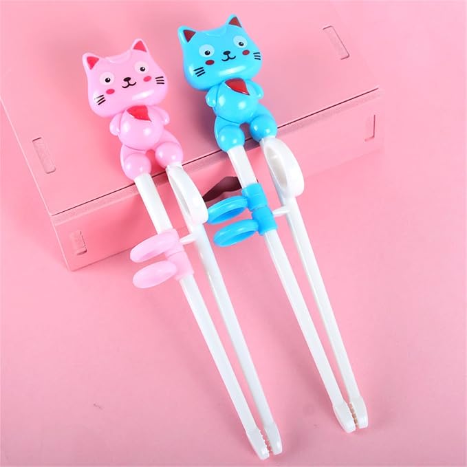 2Pairs Chopsticks, Learning Helper Practice Training Chopsticks Gift with Animals (cat pink +blue)