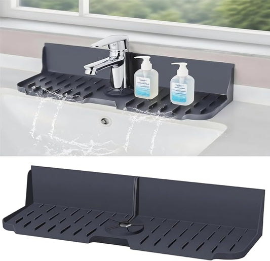 Sink Splash Guard Behind Faucet, Silicone Sink Faucet Drying Mat & Dish Soap Sponge Holder, 17" x 5.5" Silicone Kitchen Sink Auto Drain Organizer (Grey)