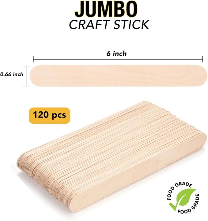 Apremont 120 Piece 6 Inches Large Jumbo Wooden Craft Sticks, Premium Natural Organic Wood, Waxing, Project, Tongue Depressor, Popsicle, Ice Cream Stick,Woodcraft, Paint Stirrer and Art