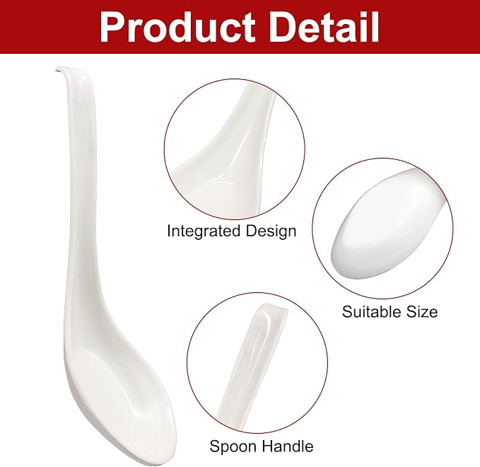12 Pcs Soup Spoons Long Handle with Hook, White | Asian Soup Spoons, For Chinese Japanese Dishes, Miso Ramen Dumpling Pho, Rice Noodle & Soba Soup