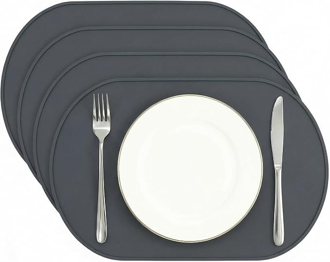 Oval Silicone Placemats Set of 4, 15.8 x 10.5in, Table Protector, Gray | Food-grade Silicone , Non-slip , Raised Edge Heat Resistant, Easy Clean , Compact Size, for Dining Table