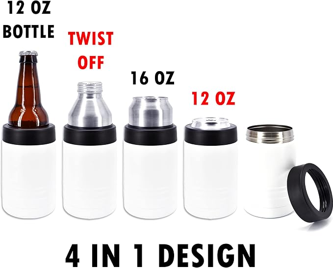 4-in-1 Stainless Steel 12 oz Double Wall Vacuum Insulated Can or Bottle Cooler Keeps Beverage Cold for Hours - Also Fits 16 oz Cans - Powder Coated White - Clear Water Home Goods