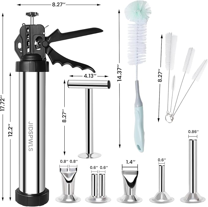 2.1 LB Professional 304 Stainless Steel Jerky Gun Kits, Sausage Stuffer, Jerky Maker, Jerky Shooter, Beef Jerky Making Gun with 5 Nozzles, 1 meat pusher and 5 Cleaning Brushes
