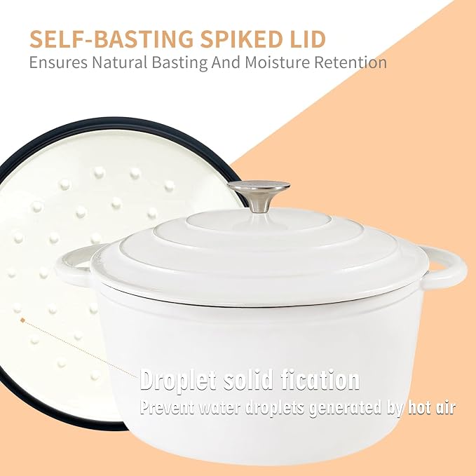 5 QT Enameled Cast Iron Dutch Oven with Self-Basting Lid, Heavy Duty Enamel Coated Soup Pot for Slow Cooking, Stews, Roasts & Bread Baking, Moisture Retention Cooking Pot, Oven Safe to 500°F
