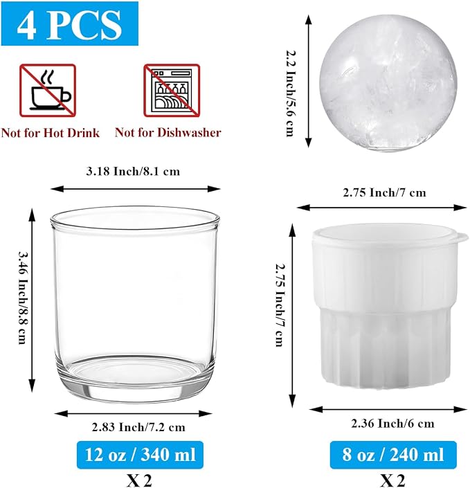 Berglander Whiskey Glasses Set of 4 (2 Bourbon Glasses, 2 Big Ice Ball Molds) 11.5 oz Reusable PET Clear Plastic Old Fashioned Glasses for Scotch Cocktail Cognac Vodka Liquor Cold Drink, Gifts for Men
