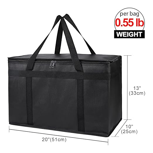 Bodaon 1-Pack Insulated Food Delivery Bag, XX-Large Reusable Grocery Shopping Bag, Frozen Food Cold, Cooler Bags with Zippered Top, Black | Reusable Shopping, Frozen Food Cold, Cooler Bags for Picnic, Commercial Catering Pizza Carrier, Thermal Hot, Col...