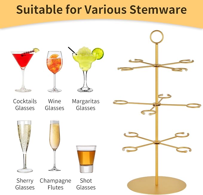 QPIX DIGITAL Champagne Tower,Metal Cocktail Tree Stand 3 Tier - 12 Holders For Champagne, Cocktails, Martini, Margarita Cups at Weddings,Bridal Parties & Events,Cocktail Glass Gold Holder