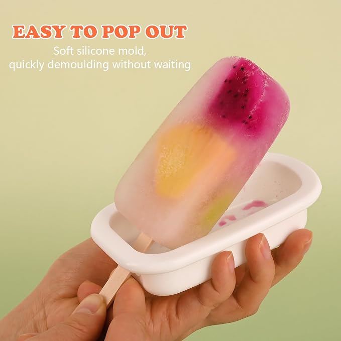 Sakolla 4 Pcs Silicone Popsicle Molds with Lid & 50 Pcs Wooden Popsicle Sticks, Stackable Classic Oval Ice Cream Molds for Homemade Ice Pop, Cakesicles, Freezer Yogurt and Fruit Juice (Multicolor)