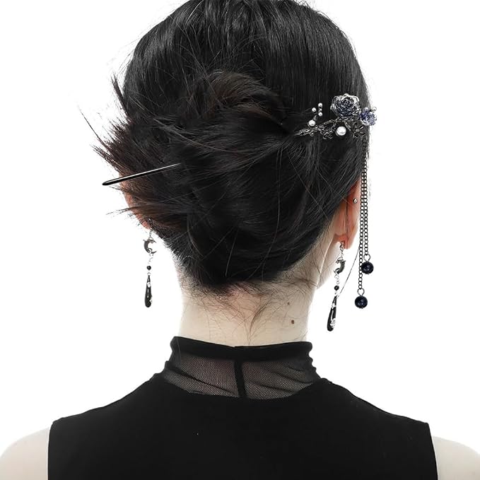 6PCS Chinese Hair Sticks Set, Black Japanese Hair Stick with Pearl Flower Butterfly Design Metal Hair Chopsticks Hair Bun Updo Holders Long Thick Hair Accessories for Women