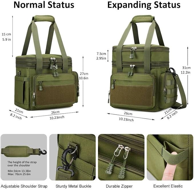 Gafetrey Large Tactical Lunch Box for Men, Insulated Lunch Bag Adult, Thermal Lunchbox Leakproof Waterproof Cooler Bag, Dual Compartment Lunch tote, Large Lunch Pail for Office Camping (Green)24L