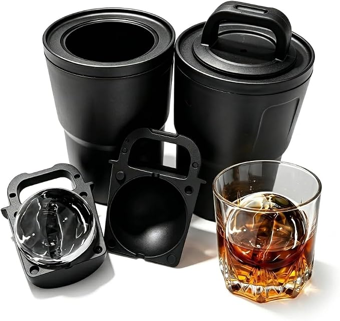 Crystal Clear Ice Ball Maker with Insulated Black Cup – Large Sphere Silicone Ice Mold for Whiskey & Cocktails Slow Melting Clear Ice Maker, Bourbon, Scotch Gifts for Home Bar 2 Pack