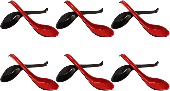 12 Pcs Soup Spoons Long Handle with Hook | Asian Soup Spoons, For Chinese Japanese Dishes, Miso Ramen Dumpling Pho Rice Noodle & Soba Soup, Black and Red