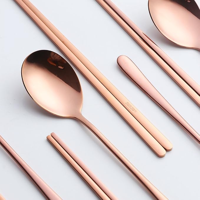 Buyer Star 4 Set Spoon Chopsticks, Rose Gold Reusable Metal Stainless Steel Korean Chopstix Spoon Set